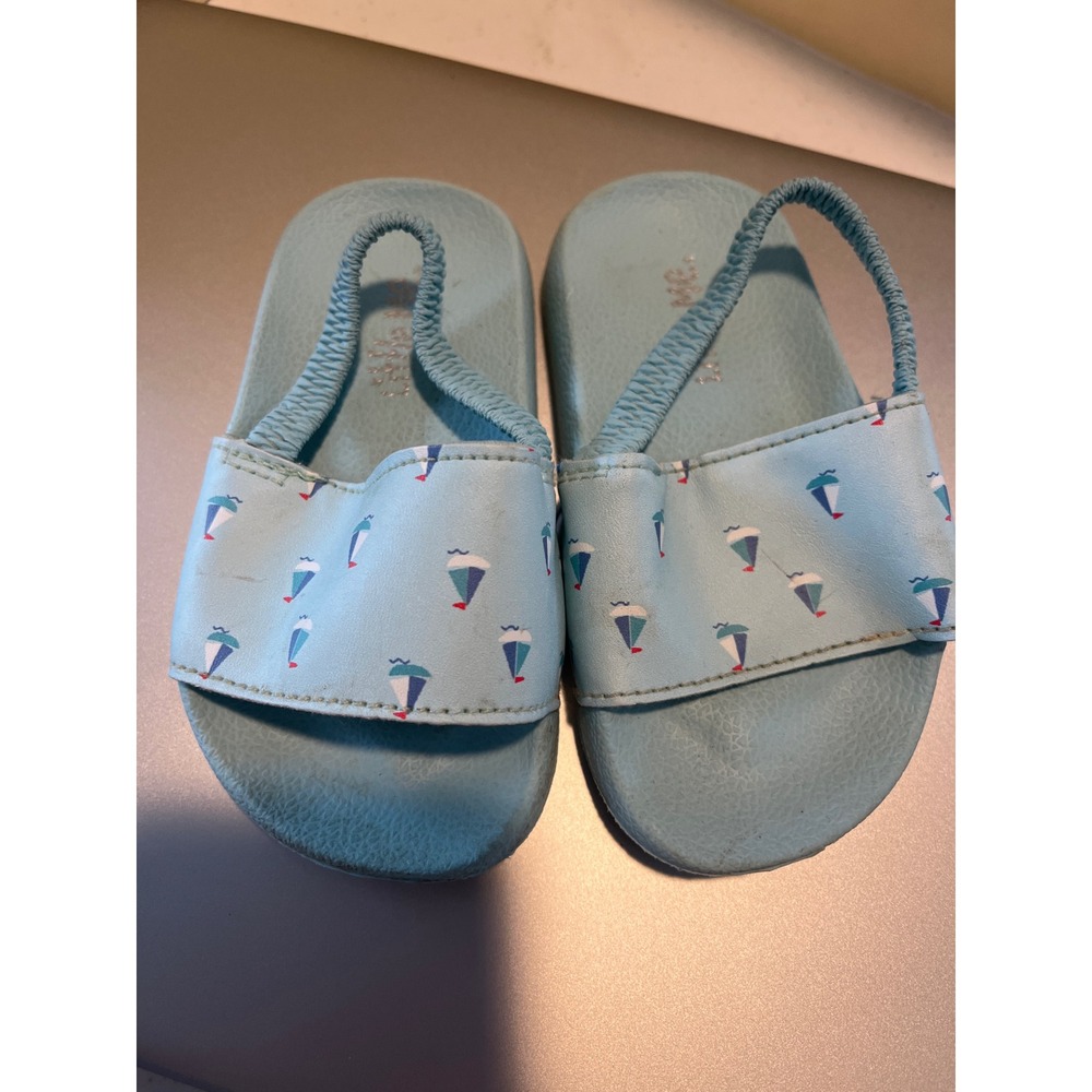 Little Me Baby Boy Blue Sailboat Print Slide Sandals Elastic Back Strap Size 5